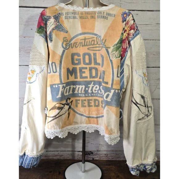 OOAK Magnolia Boho Indie Jacket Upcycle VTG Flour Sack Oversized Short L - XL - Picture 1 of 16